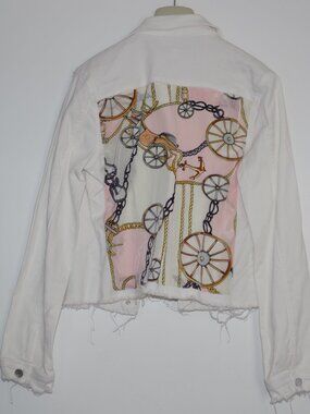Htrailz Stacy Bradley white denim jean jacket Silk Patched Back Women  size S